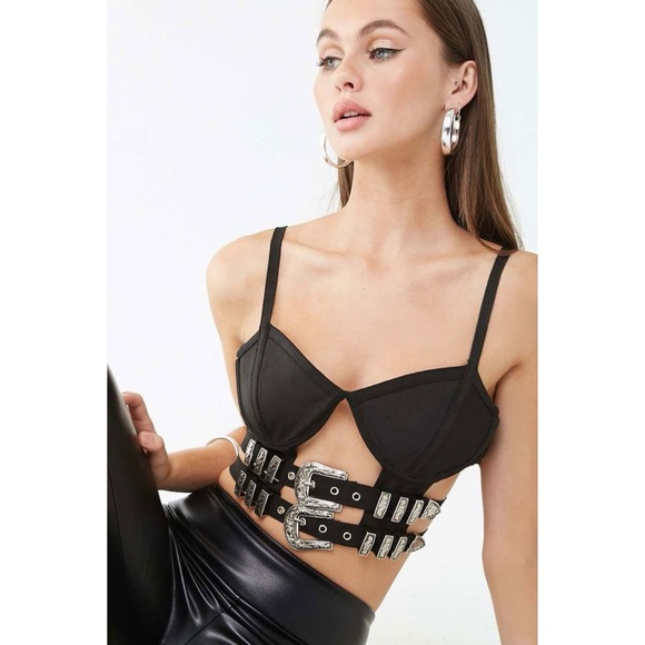 Black Cropped Bra Top Bandage Buckles Festival Goth Gothic Western Boho Large L - Picture 2 of 8